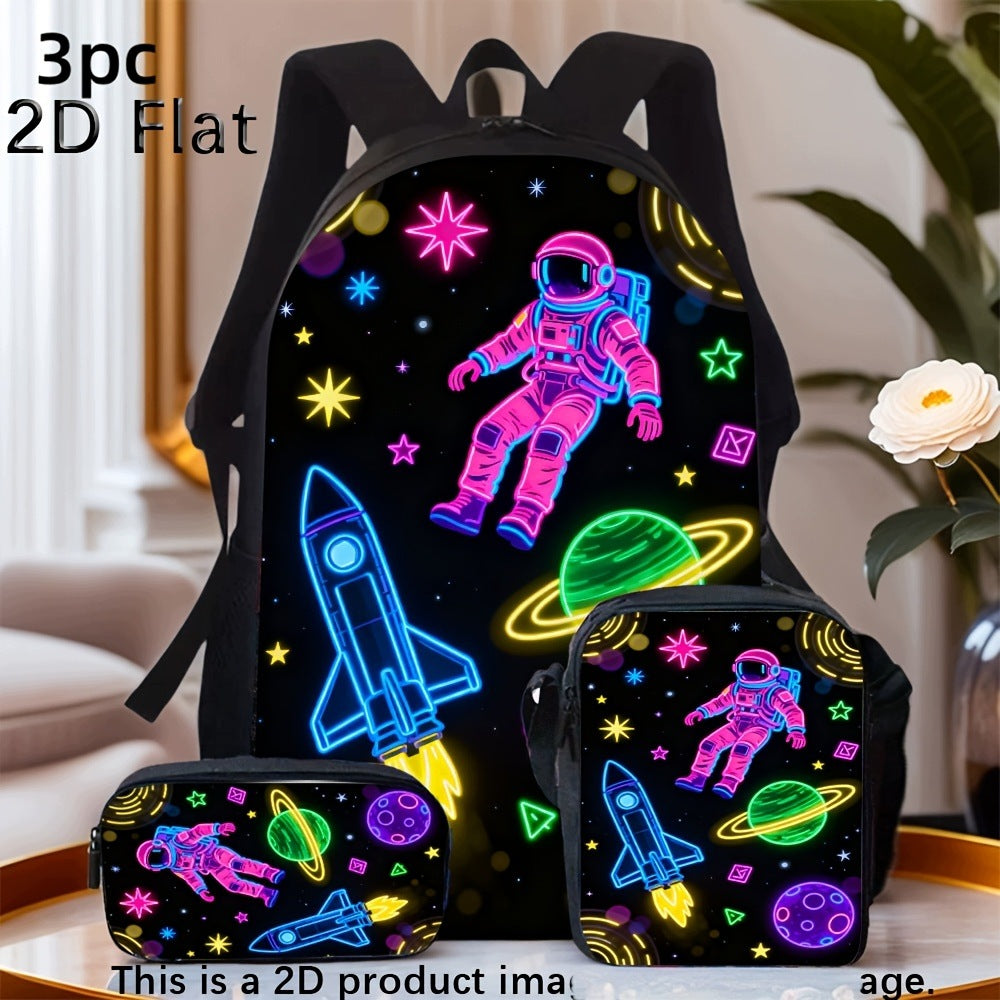 Neon Astronaut Rocket Space 3-Piece Backpack Set with Pencil Case