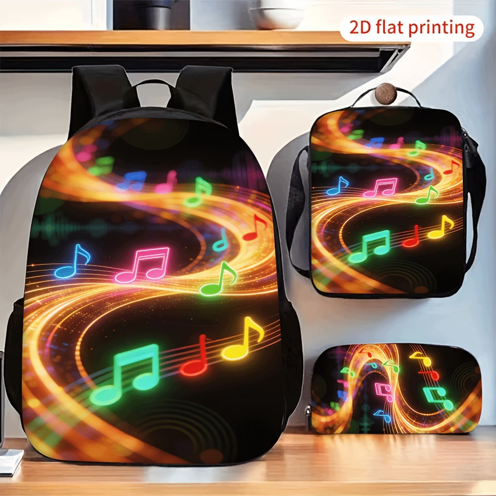 Neon Colorful Music Notes Print Backpack Set with Crossbody Bag