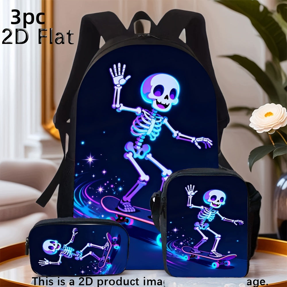 Neon Glow Skeleton Skateboard Backpack Set - 3 Pieces