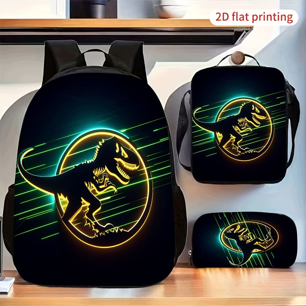 Neon Glow Tyrannosaurus Pattern 3-Piece Backpack Set with Crossbody Bag and Pencil Case