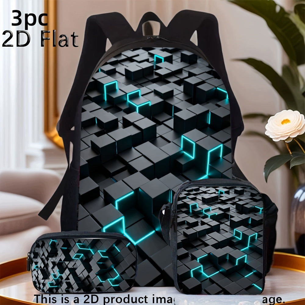 Neon Glowing Geometric Cubes Print Backpack Set Crossbody Bag