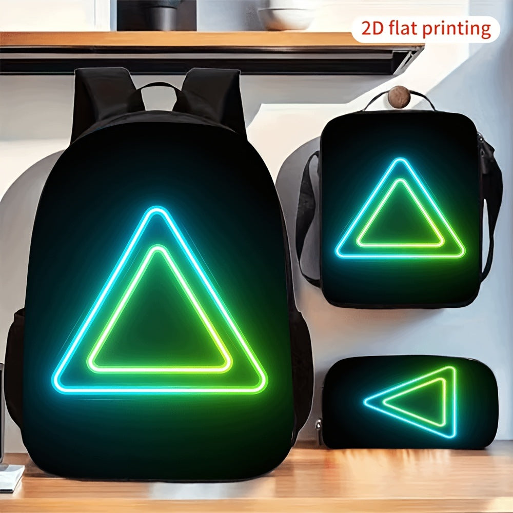 Neon Glowing Triangle Print Backpack Set with Crossbody Lunch Bag and Pencil Pouch