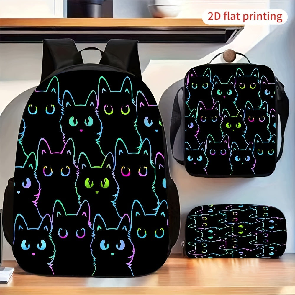 Neon Gradient Black Cat Backpack Set with Lunch Bag Pencil Case