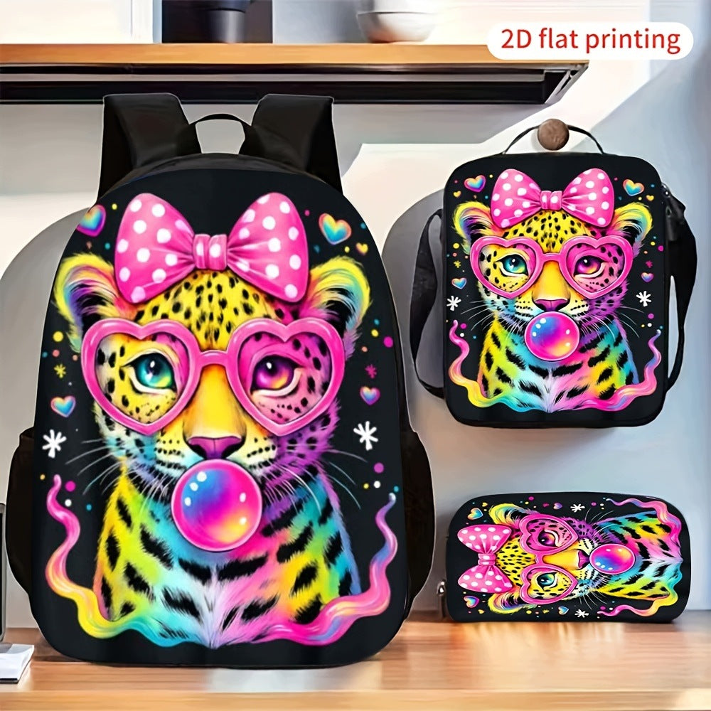 Neon Leopard Pink Polka Dot Bow 3-Piece Backpack Lunch Bag Set