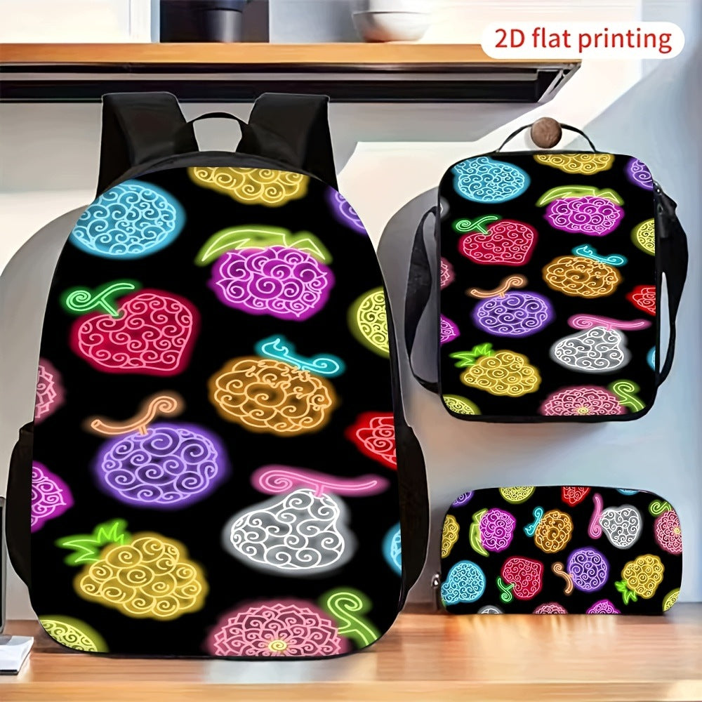 Neon Swirl Fruit Print 3-Piece Backpack with Included Lunch Bag