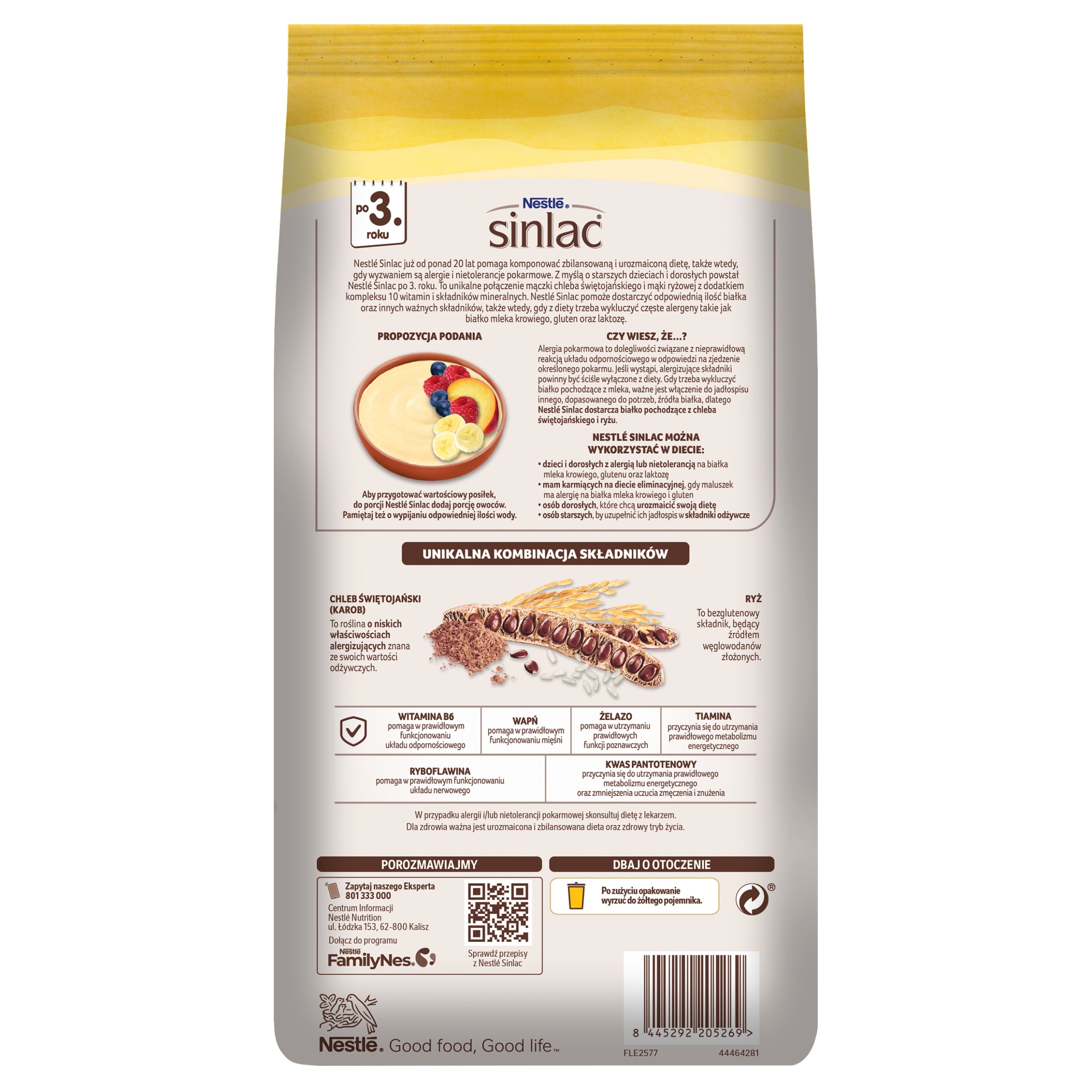 Nestlé Sinlac porridge gluten-free cereal product after 3 years of age 500 g Manufacturer code 8445292205269