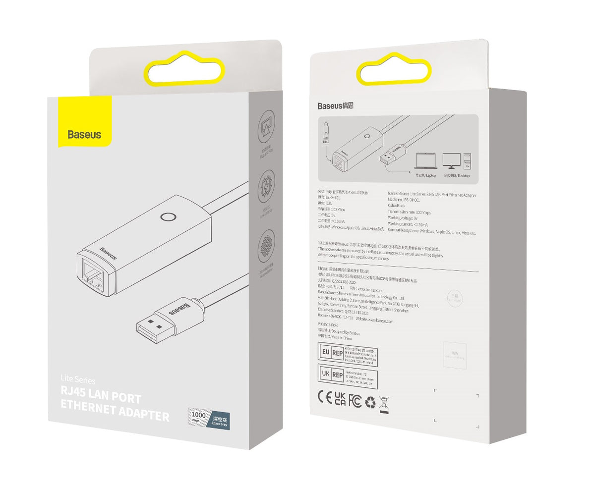 Network Adapter Baseus Lite USB RJ45 1000Mbps Gigabit Ethernet Grey Manufacturer Baseus