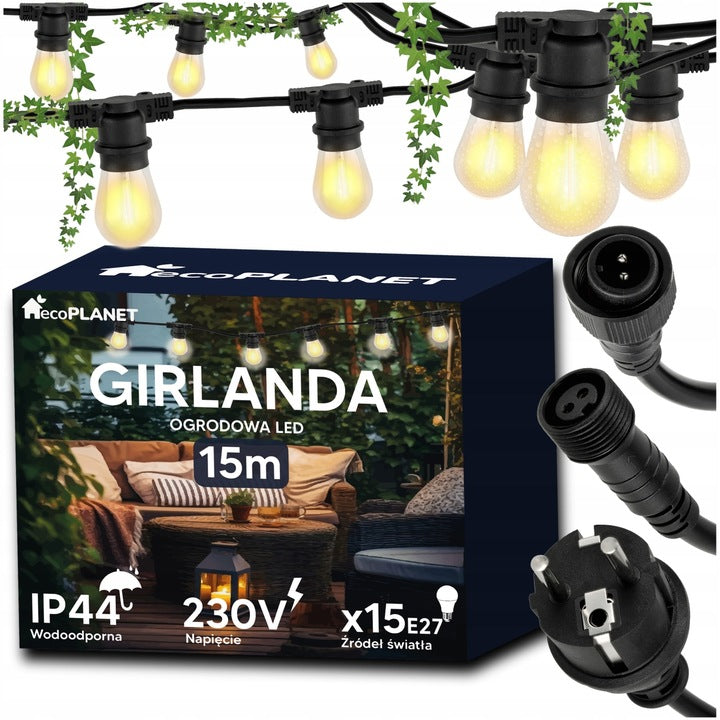 Network GARLAND 230V 15m Garden Chain + 16x LED BULBS E27 Filament