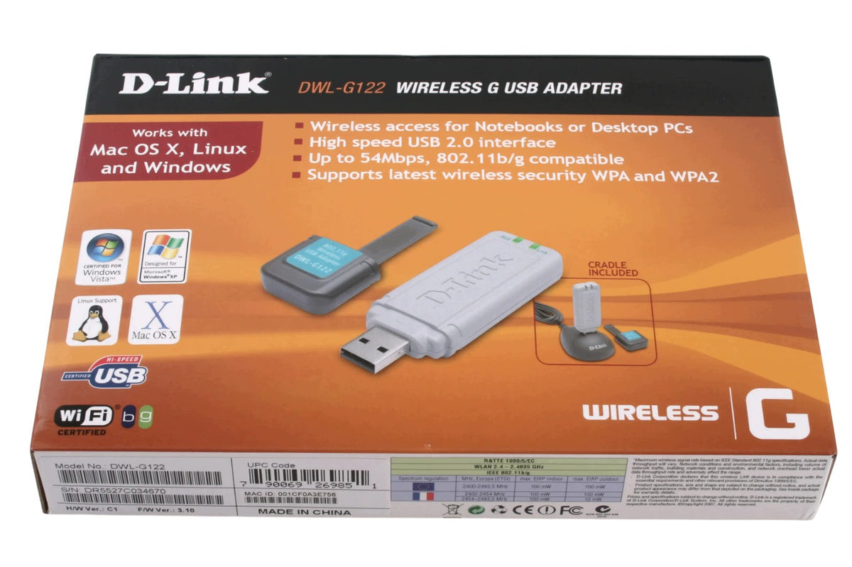 Network card Wi-Fi D-Link DWL-G122 54Mbps 802.11g USB XP Vista Linux OS X