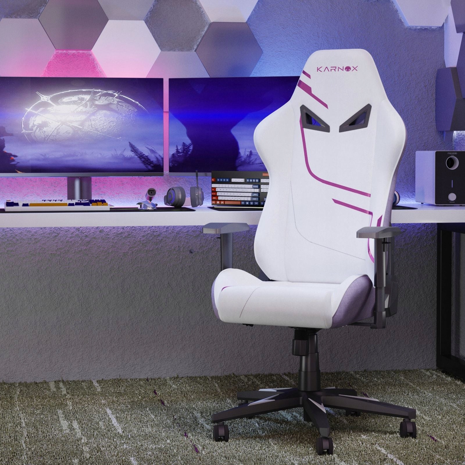 New style Gaming chair fabric, white and purple, with footrest Furniture depth 54 cm