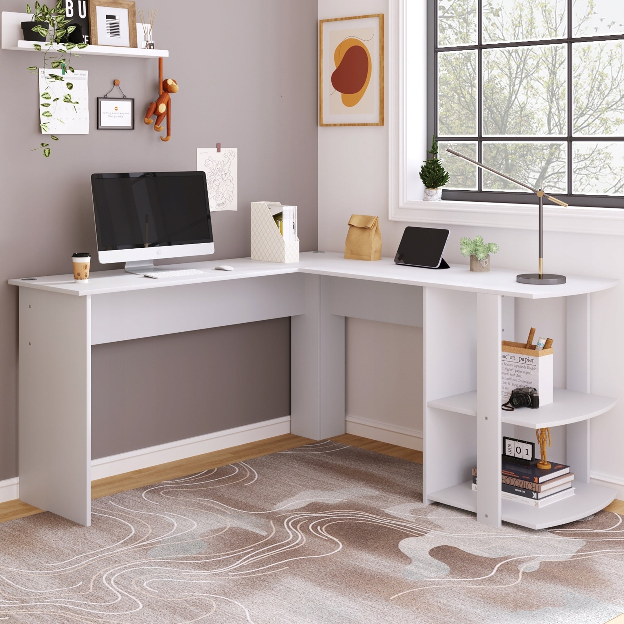 New style L-shaped corner desk, 140 cm, white, 2 shelves