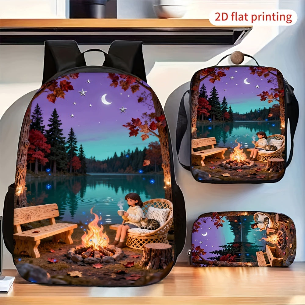 Night Forest Lake Campfire Star Moon 3-Piece Backpack Set with Shoulder Bag