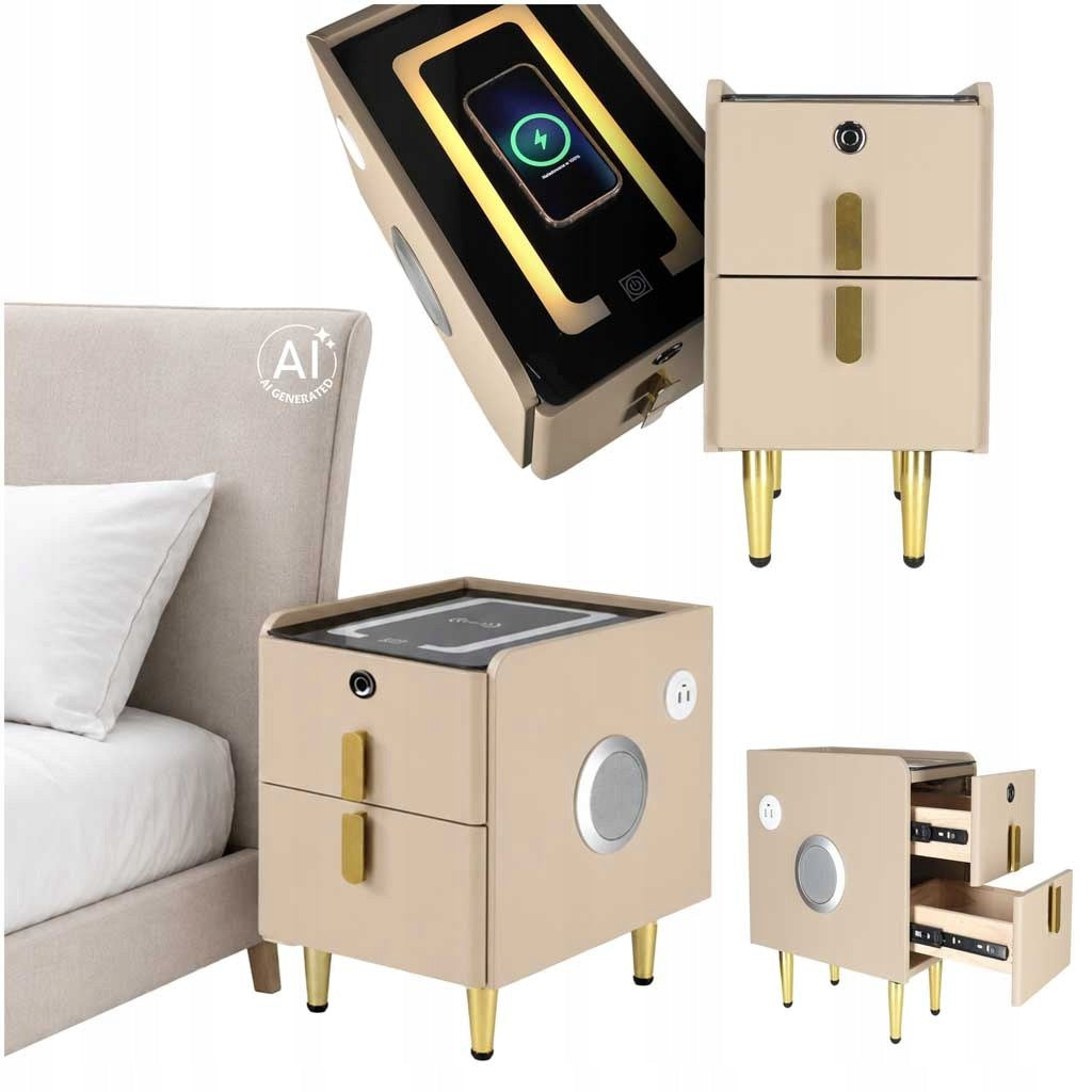 Nightstand Ikonka Bluetooth LED Speaker USB Charging Drawers Beige Packaging status original