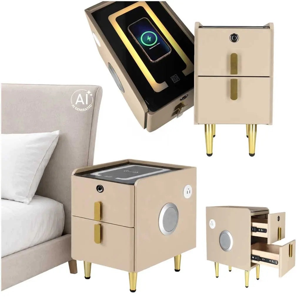Nightstand Ikonka Bluetooth LED Speaker USB Charging Drawers Beige