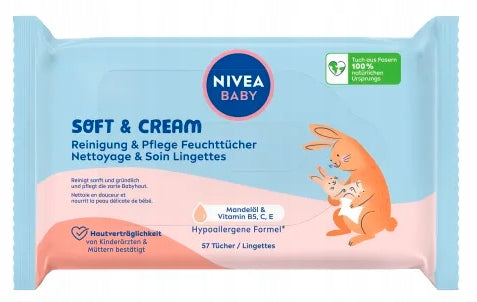 Nivea Baby Soft & Cream Cleanse & Care Wipes - For Kids, 57 Count