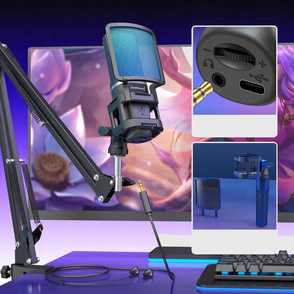 Noise Cancelling Microphone for Streaming USB RGB Podcasts with Tripod Packaging status original