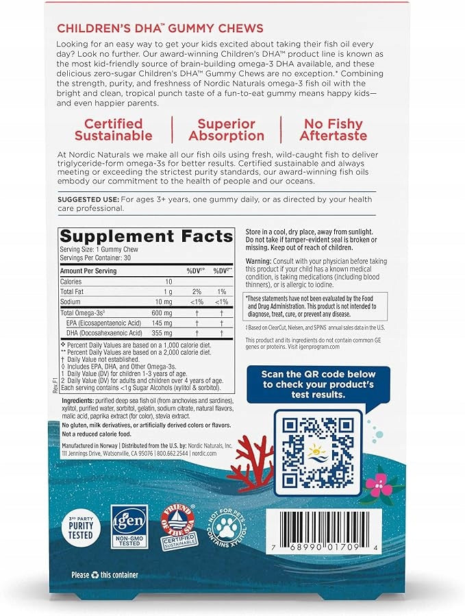 Nordic Naturals Children's DHA Tropical Punch 600 mg 30 Gummy Fish OMEGA-3 EAN (GTIN) 768990017094