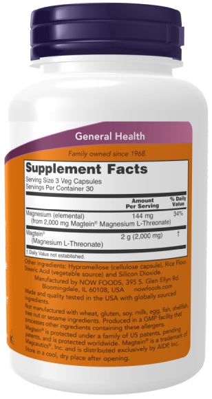 Now Foods Magtein Magnesium L-Threonate Muscle Support Nervous System 180 kaps Packaging status original