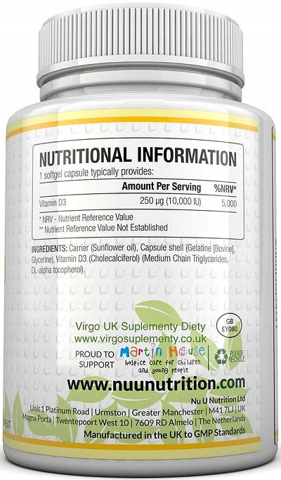 Nu U Nutrition Vitamin D3 Vitamin D3 10,000 IU 365 capsules for immunity Packaging status original