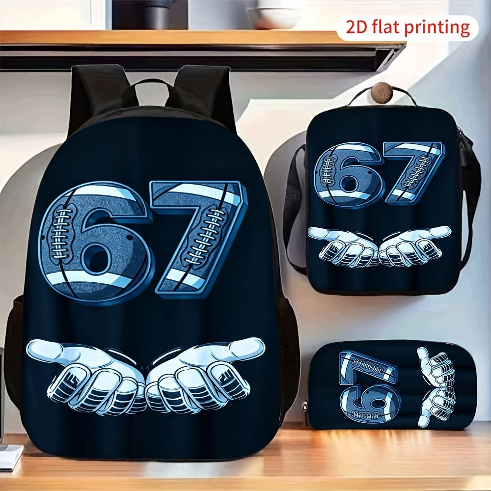 Number 67 Rugby Ball Graphic Print Backpack Set with Lunch Pencil Case