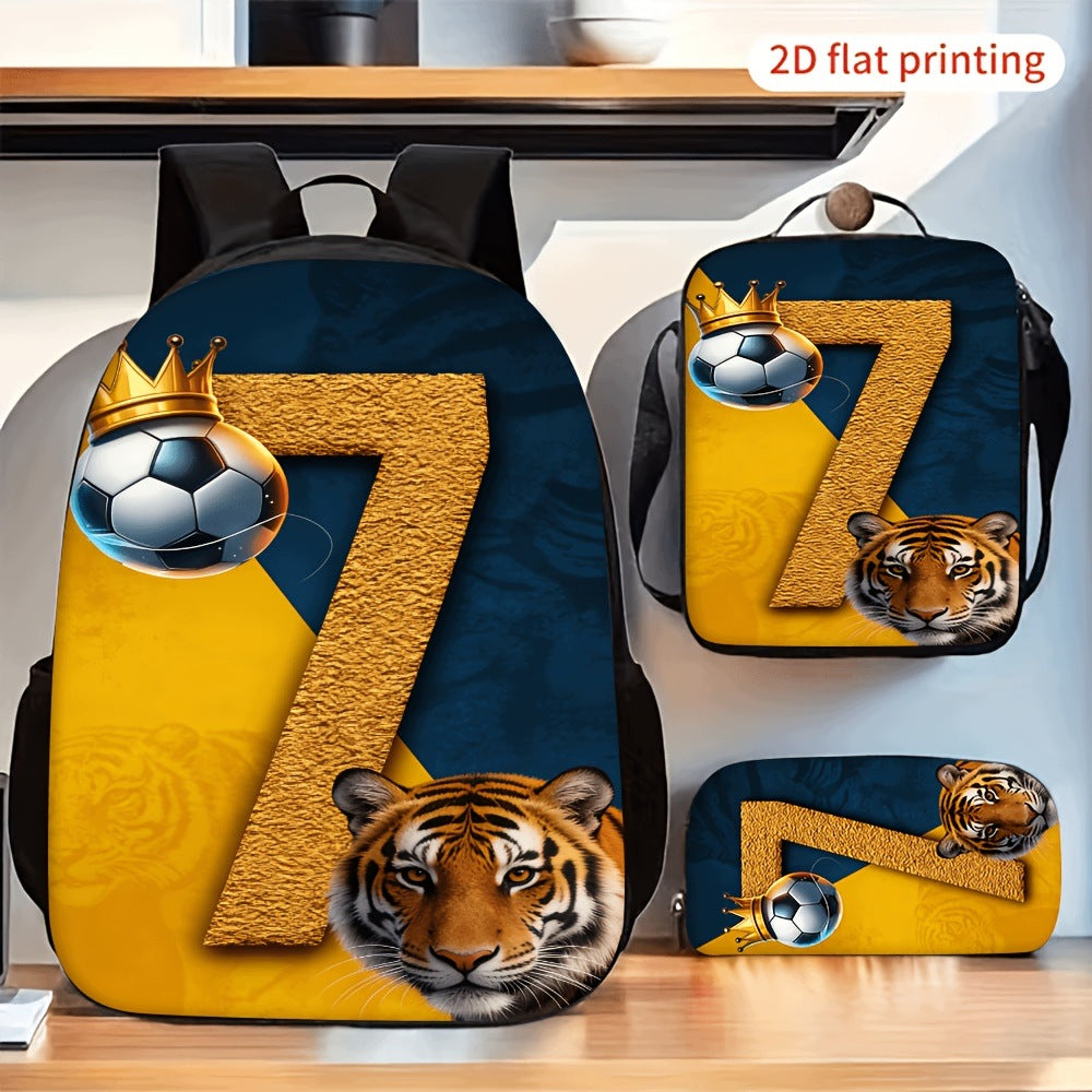Number 7 Tiger Soccer Ball Print Backpack Set with Crossbody Bag