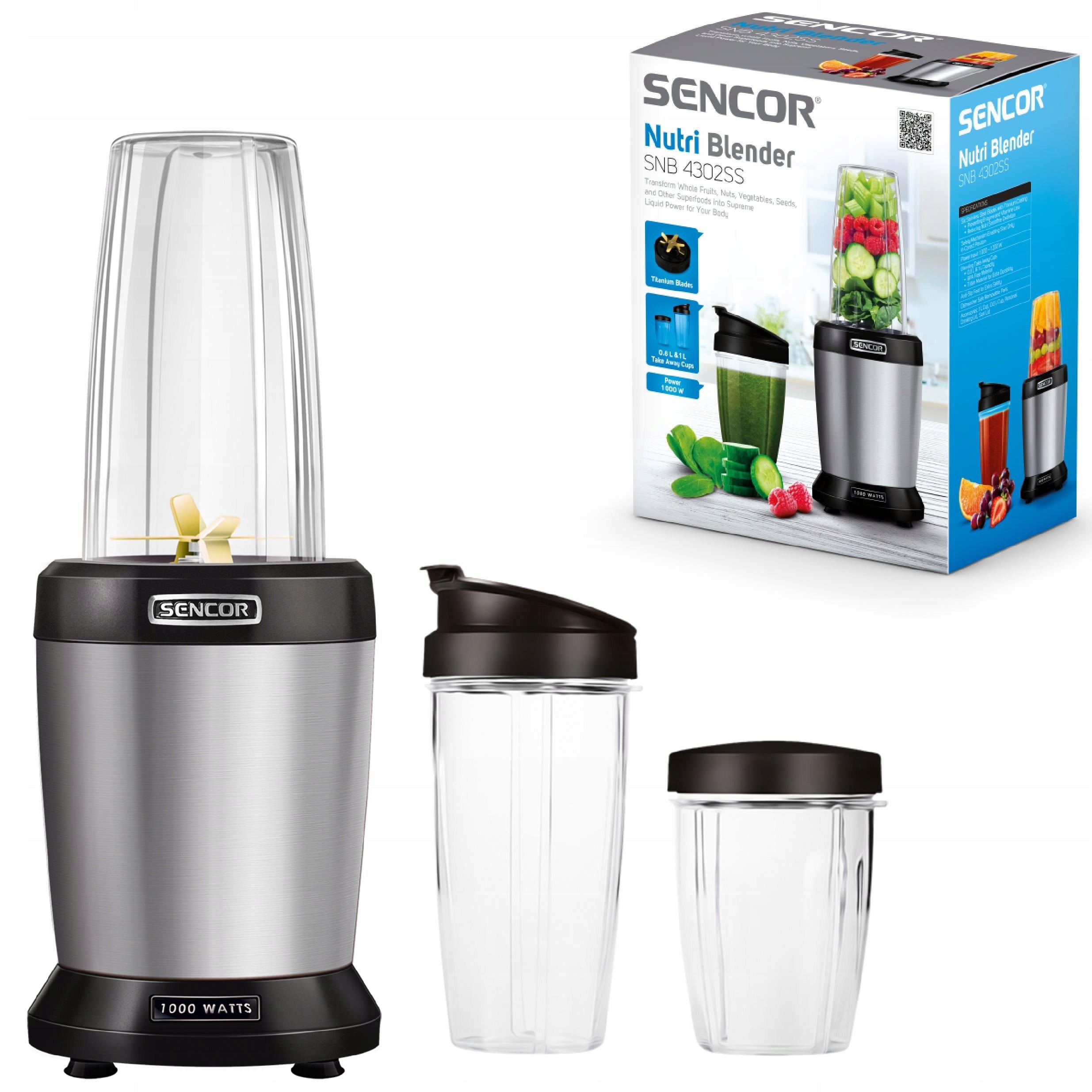Nutri cup blender 1000W 2 BOTTLES 800ml/1L silver Sencor SNB4302SS Manufacturer code SNB 4302SS