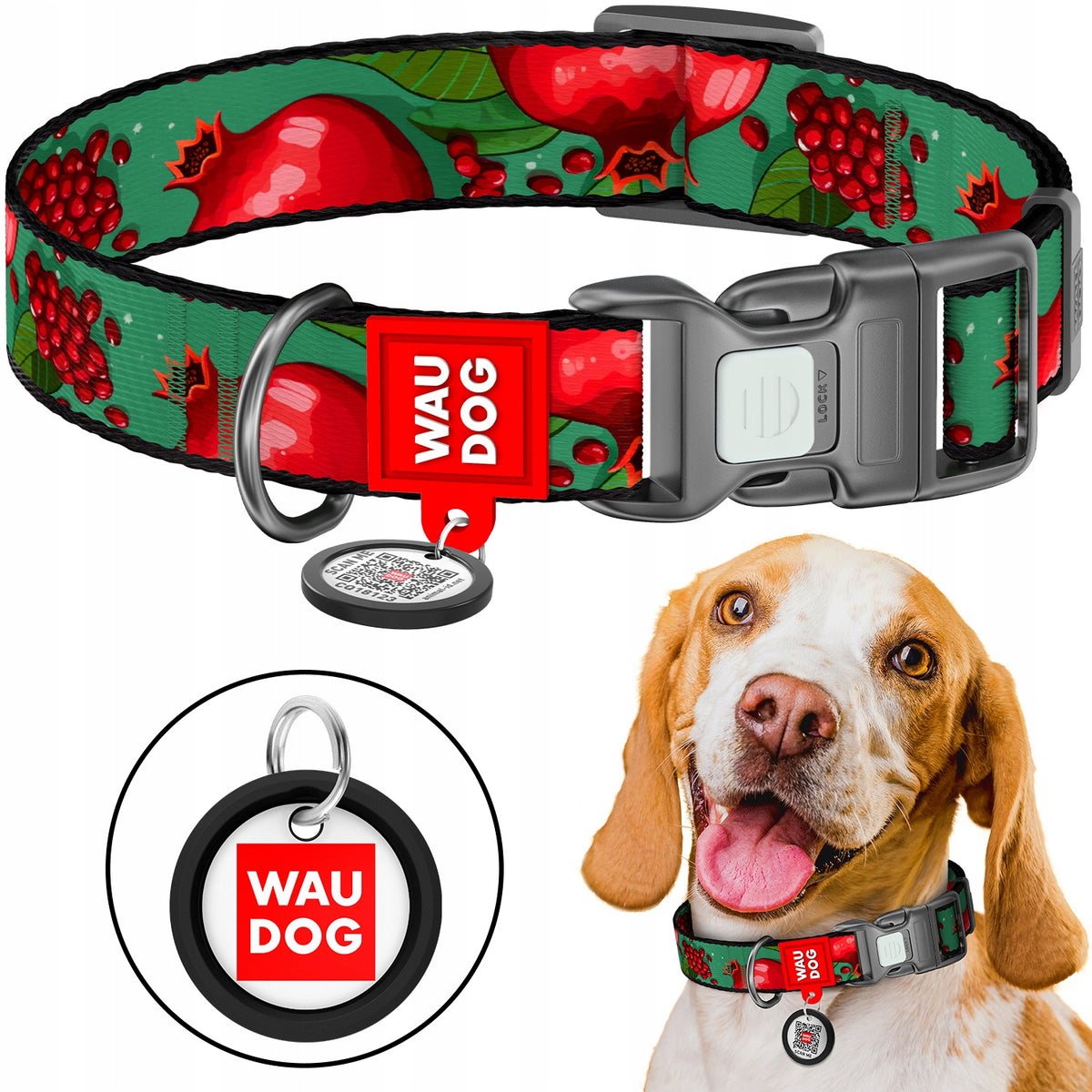 Nylon Dog Collar + QR ADDRESS FREEBIE, Garnet Pattern, Size XL