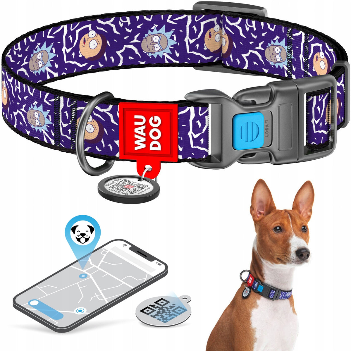 Nylon Dog Collar + QR ADDRESS FREEBIE, Rick and Morty 2 Pattern, r. XL