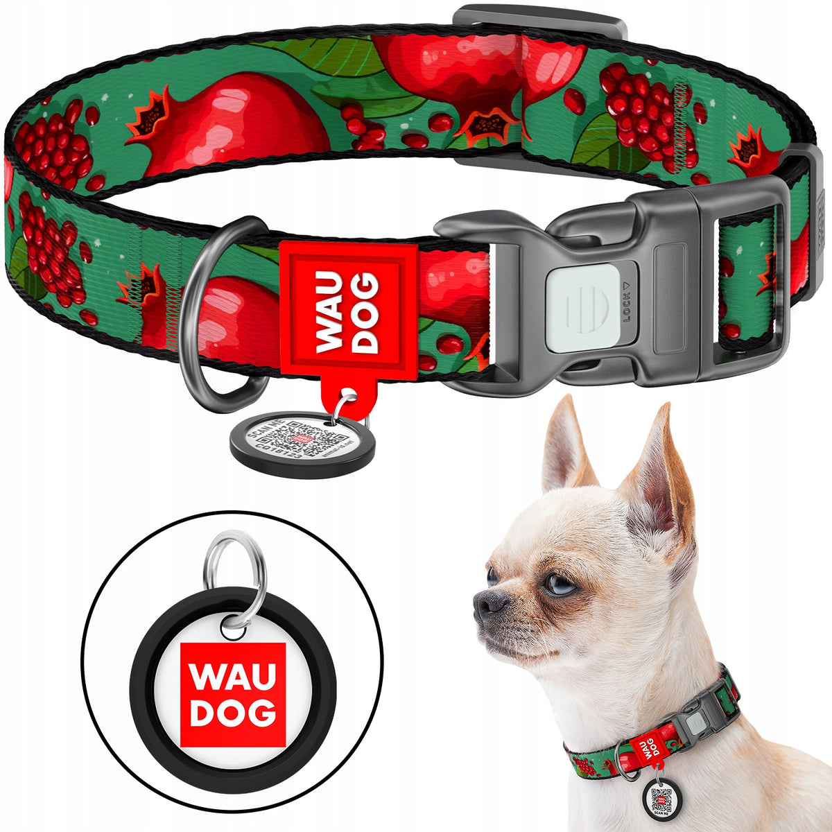 Nylon Dog Collar + QR Address Card FREEBIE, Garnet Pattern, Size S