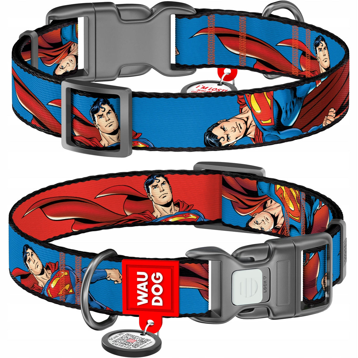 Nylon Dog Collar + QR Address Card FREEBIE, "Superman Power", r. L Packaging status original