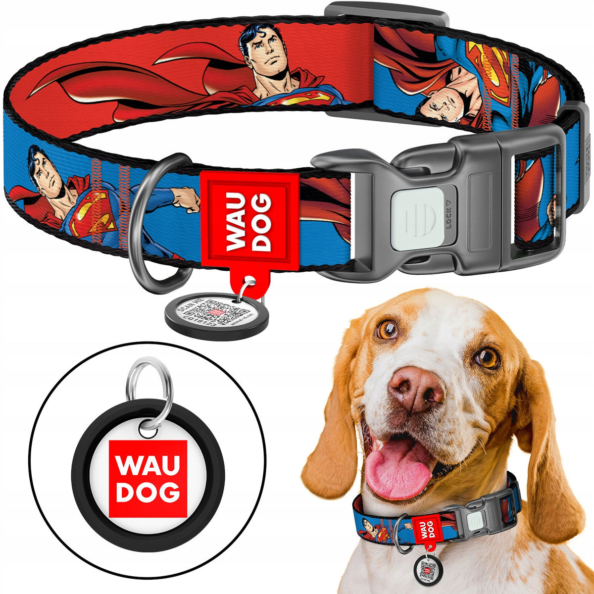 Nylon Dog Collar + QR Address Card FREEBIE, "Superman Power", r. L