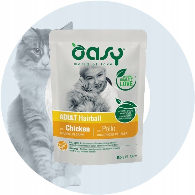 OASY CHUNKS IN GRAVY HAIRBALL CAT FOOD CHICKEN IN SAUCE SACHET 85g EAN (GTIN) 8053017343761