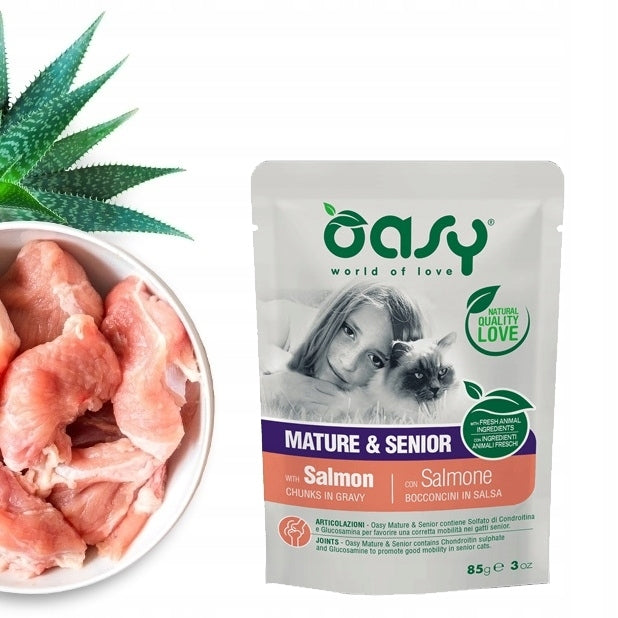 OASY CHUNKS IN GRAVY SENIOR WET CAT FOOD SALMON IN SAUCE SACHET 85g Brand Oasy