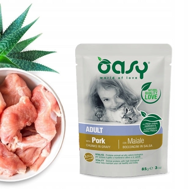 OASY CHUNKS IN GRAVY WET CAT FOOD PORK IN SAUCE SACHET 85g Brand Oasy