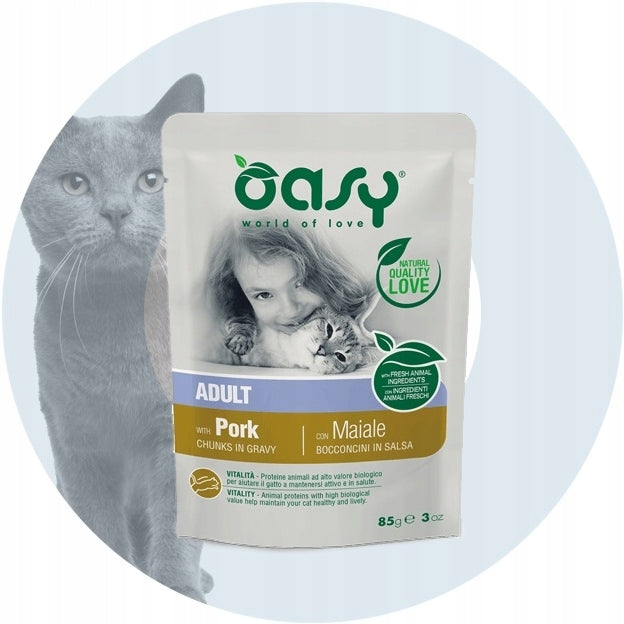 OASY CHUNKS IN GRAVY WET CAT FOOD PORK IN SAUCE SACHET 85g EAN (GTIN) 8054329510322