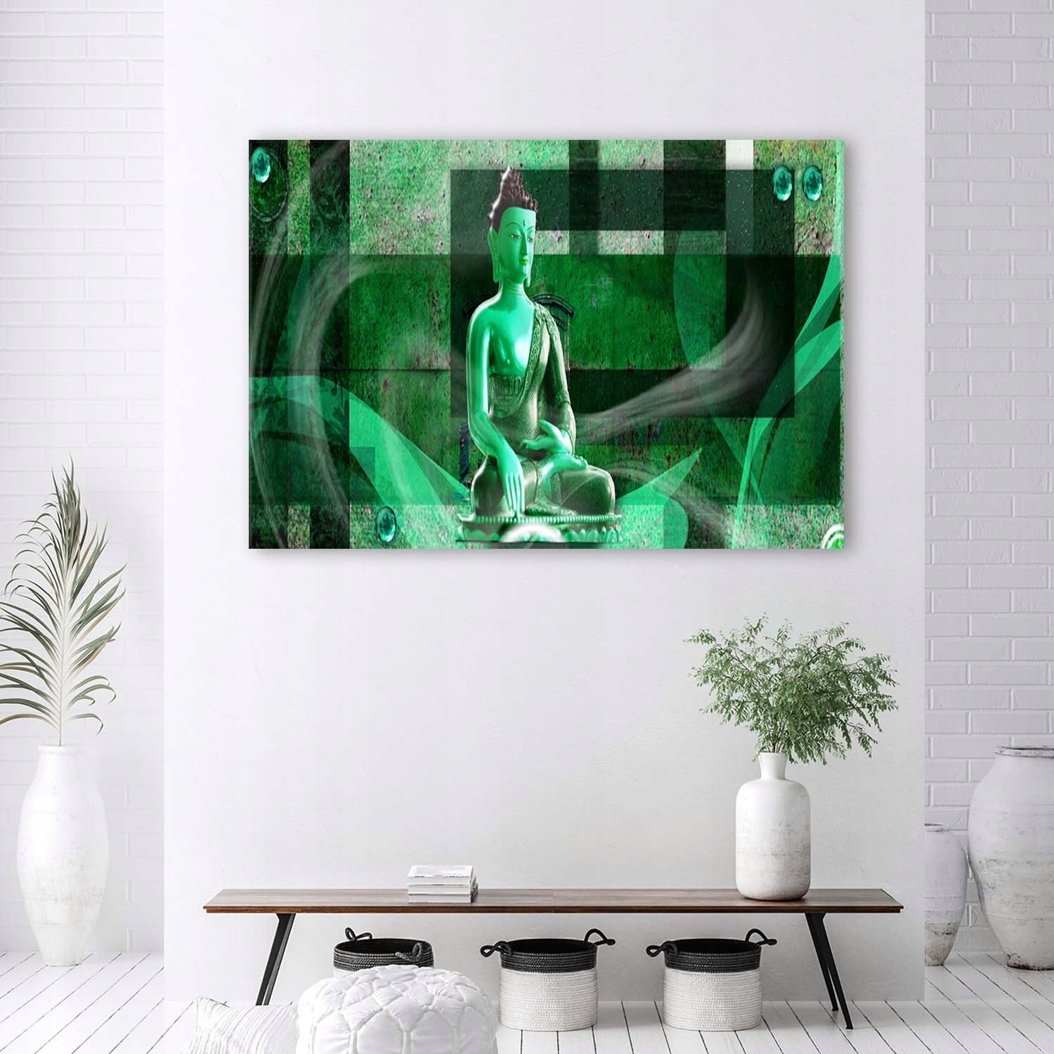 Reproduktion Buddha auf geometrischem Hintergrund 