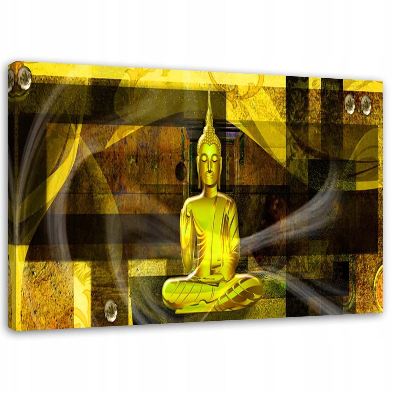 Reproduktion einer Buddha-Figur auf einem geometrischen Hintergrund 