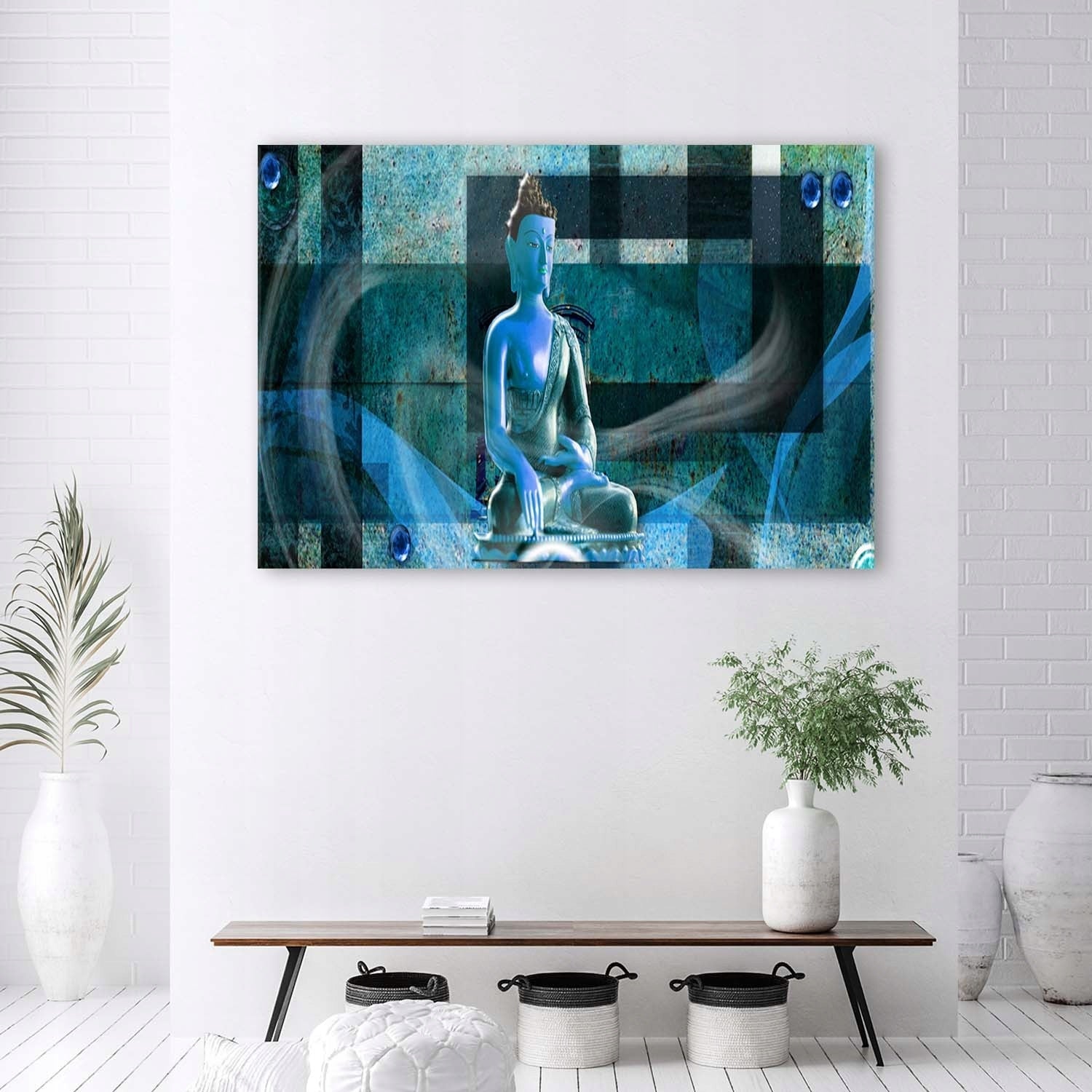 Reproduktion Buddha auf geometrischem Hintergrund 