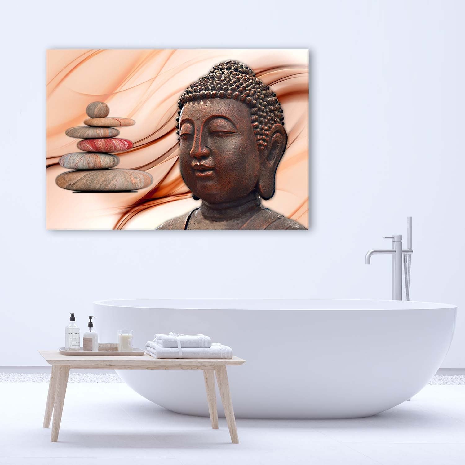 Reproduktion Buddha-Kopf und Steine 