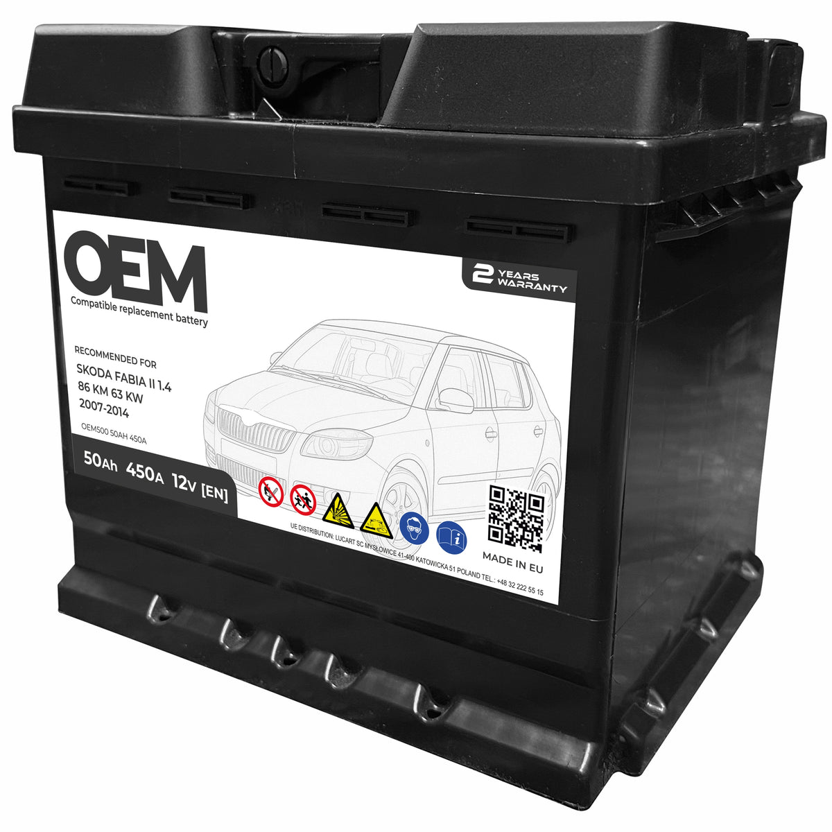 OEM CAR BATTERY FOR SKODA FABIA II 50AH 450A WITHOUT START-STOP