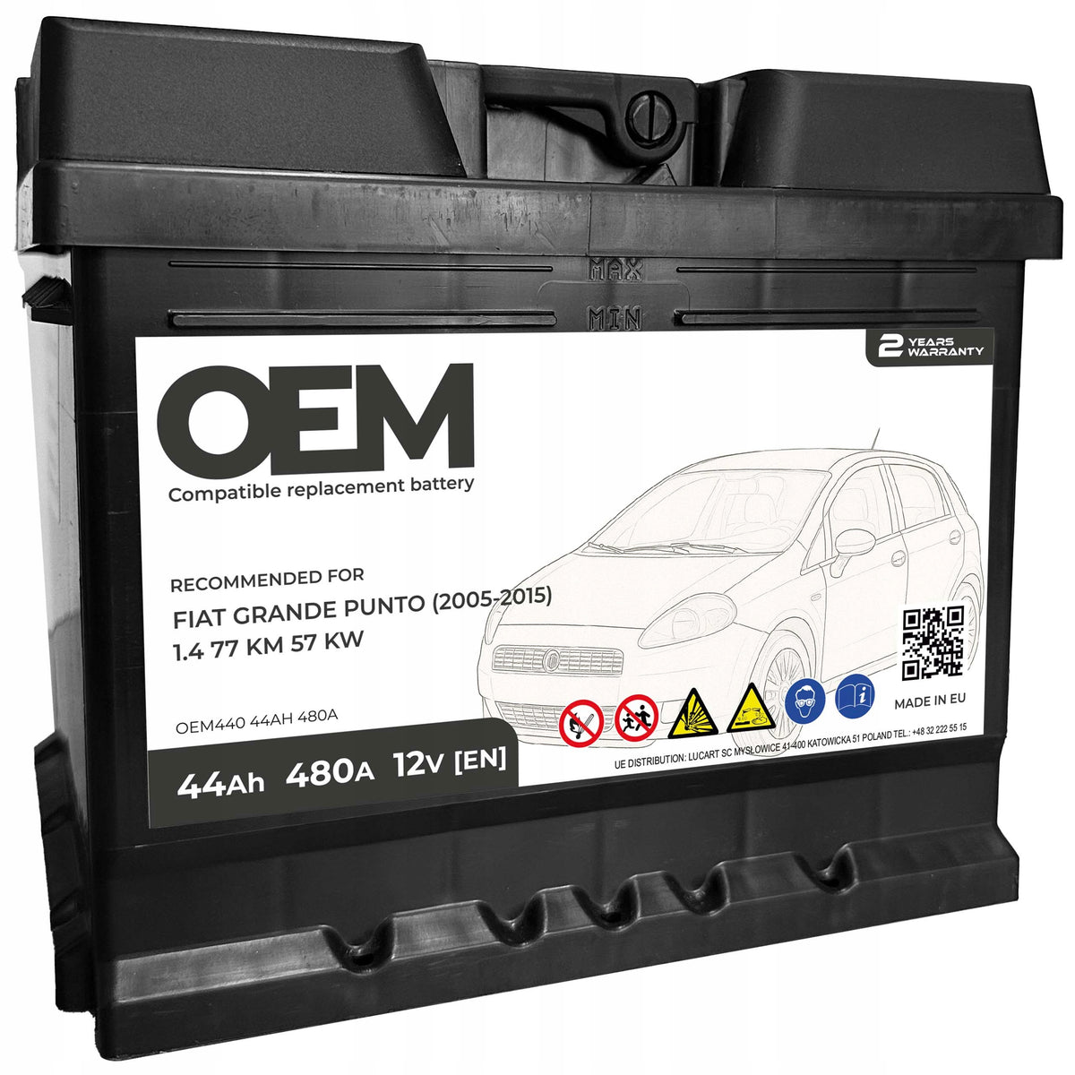 OEM FIAT GRANDE PUNTO 44AH 480A CAR BATTERY WITHOUT START-STOP