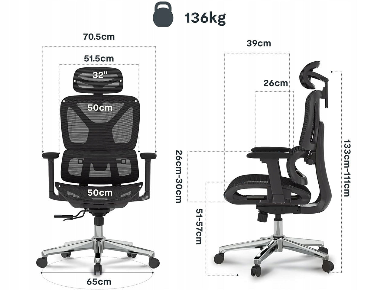 OFFICE CHAIR FLEXISPOT ERGOX BLACK MESH HEADREST 3D 136 KG 135ST Manufacturer code ErgoX