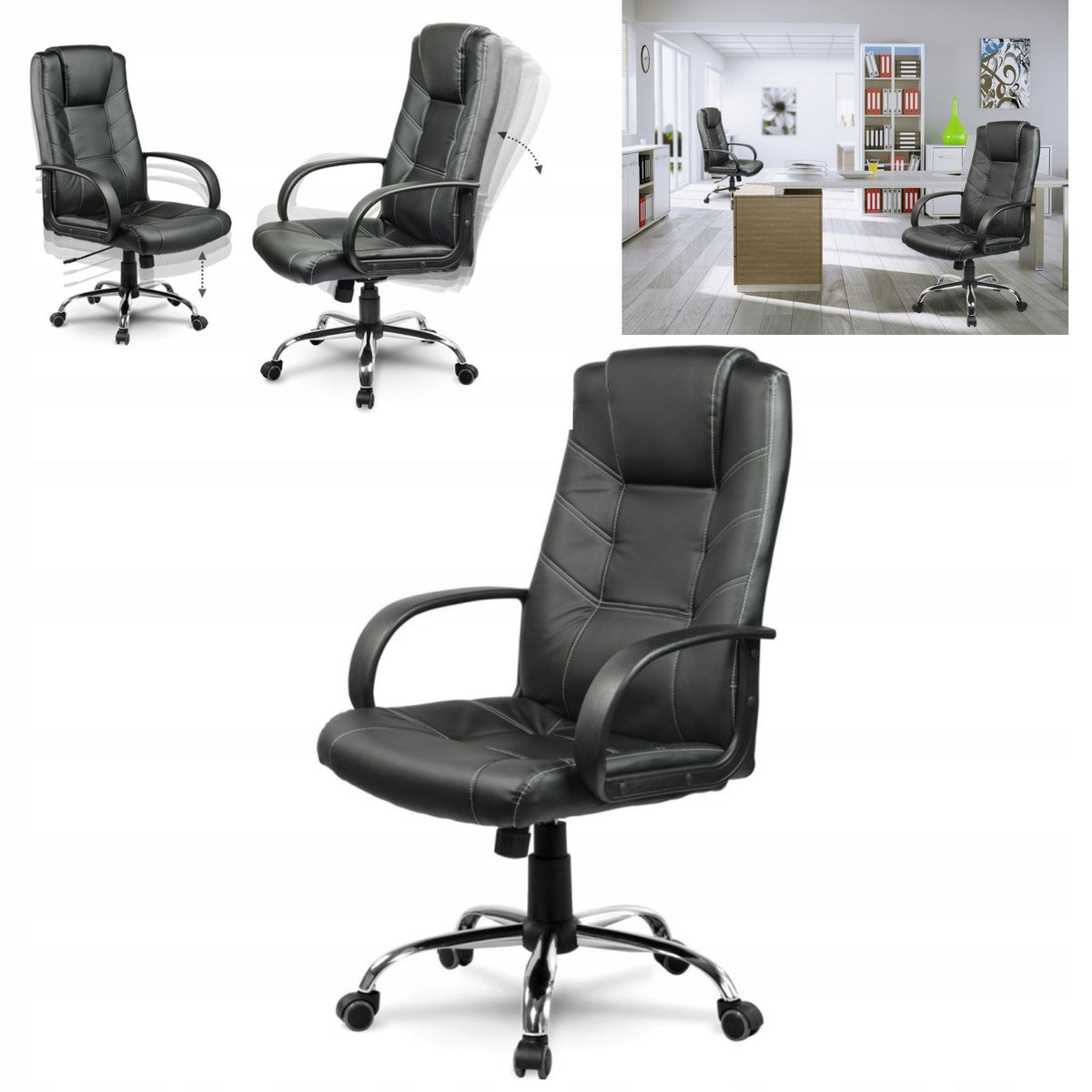 OFFICE CHAIR LEATHER BLACK SWIVEL TILT FAUX LEATHER RUBBER WHEELS COMFORTABLE