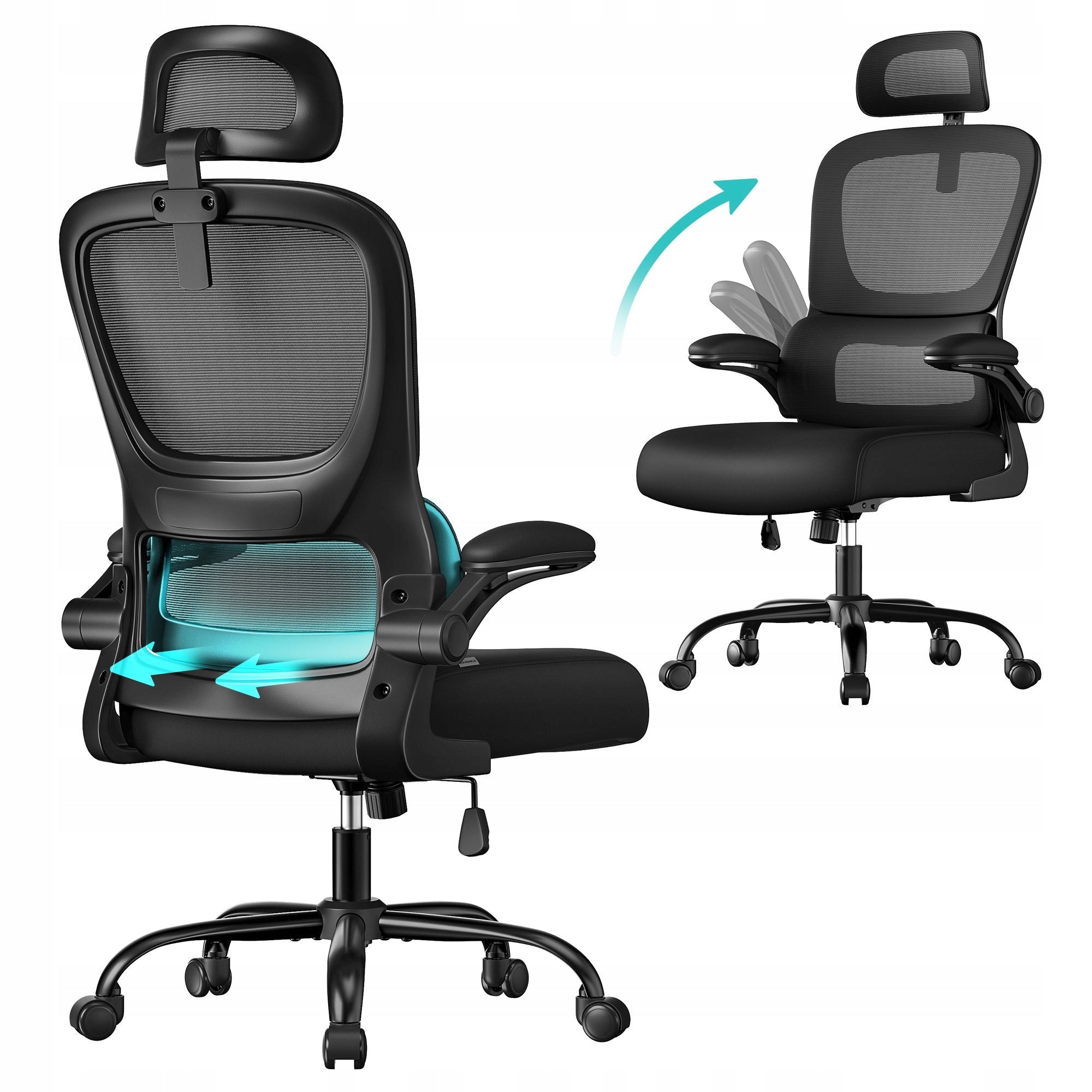 OFFICE CHAIR SWIVEL ADJUSTMENT. HEADREST LUMBAR SUPPORT ERGONOMIC
