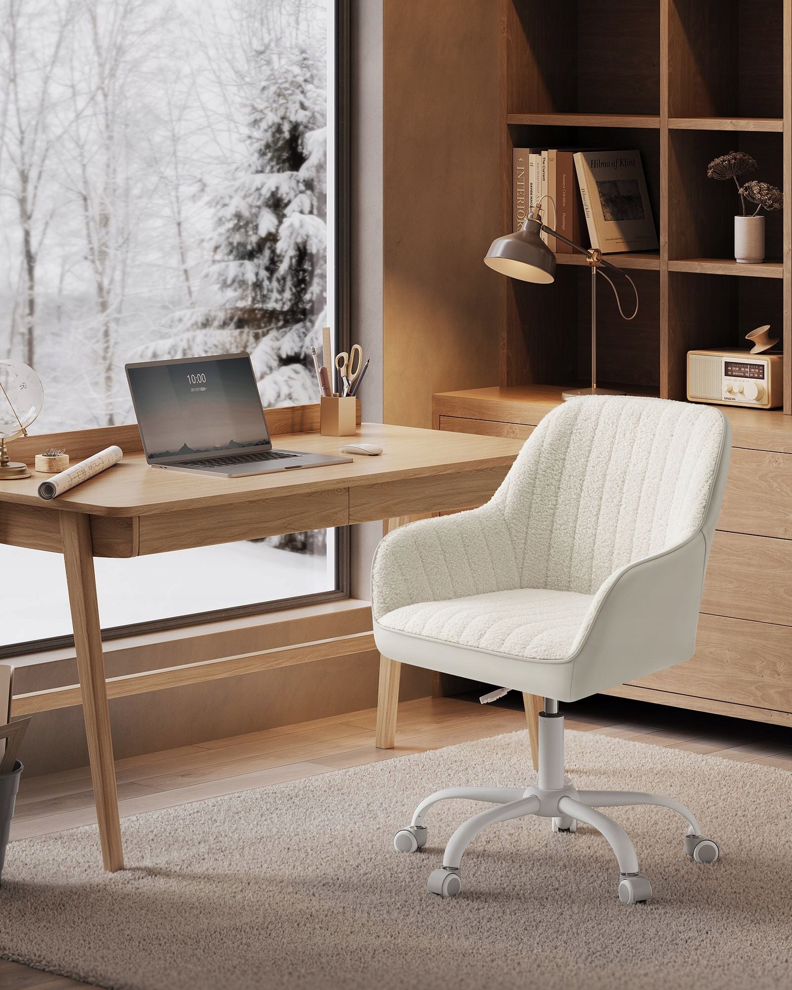 OFFICE CHAIR SWIVEL ARMCHAIR LAMB SHERPA ECO-LEATHER CREAM SONGMICS Packaging status original