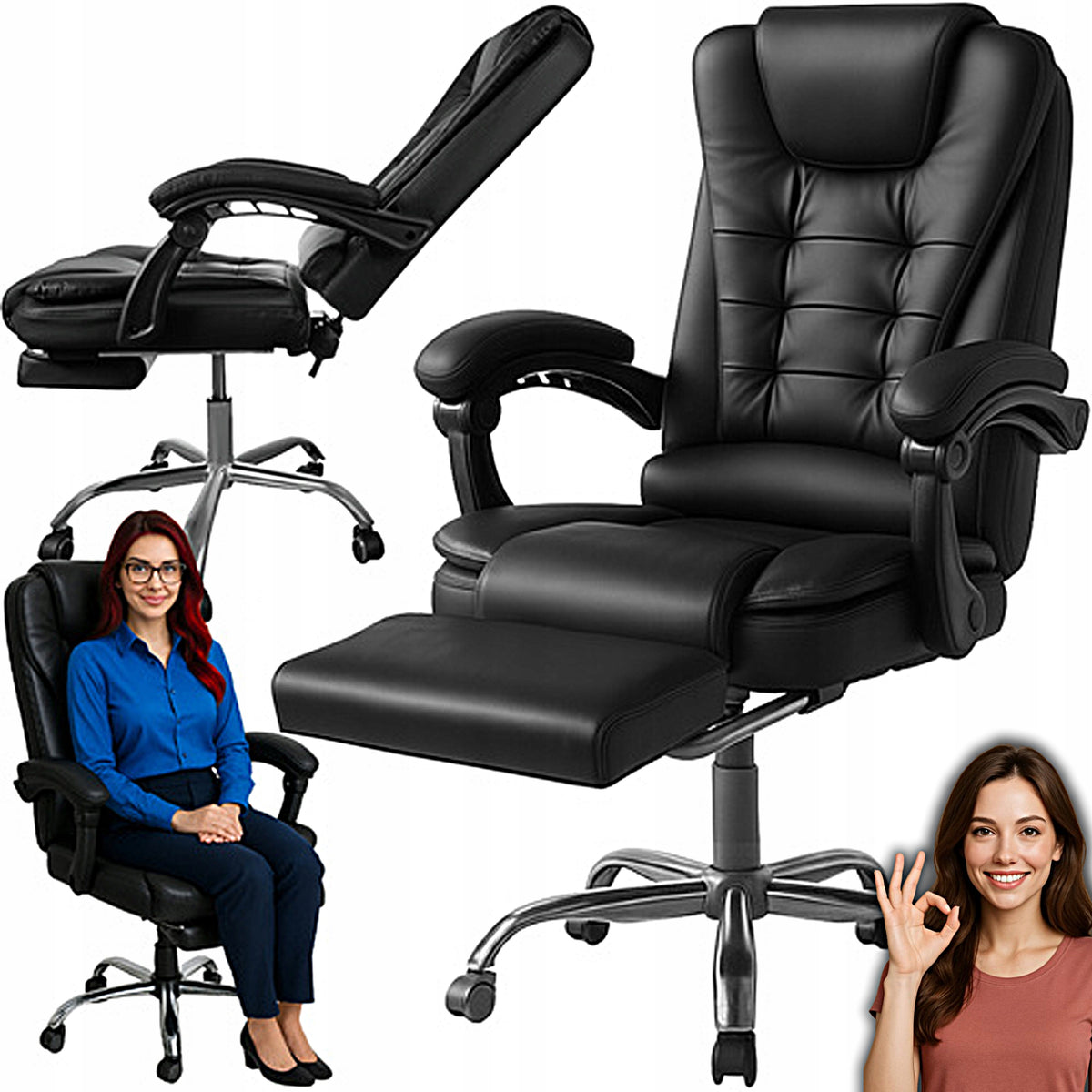 OFFICE CHAIR SWIVEL CHAIR ERGONOMIC LEATHER BLACK ADJUSTABLE