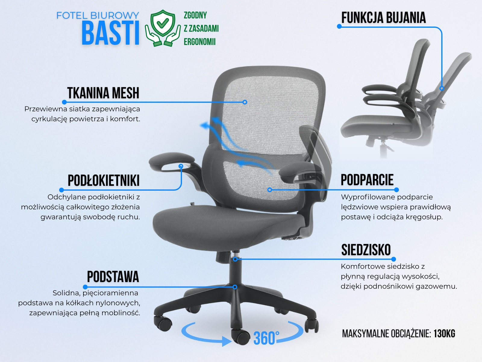 OFFICE CHAIR WITH RAISED ARMRESTS BASTI GREY NYLON BASE Manufacturer code 5907698687269