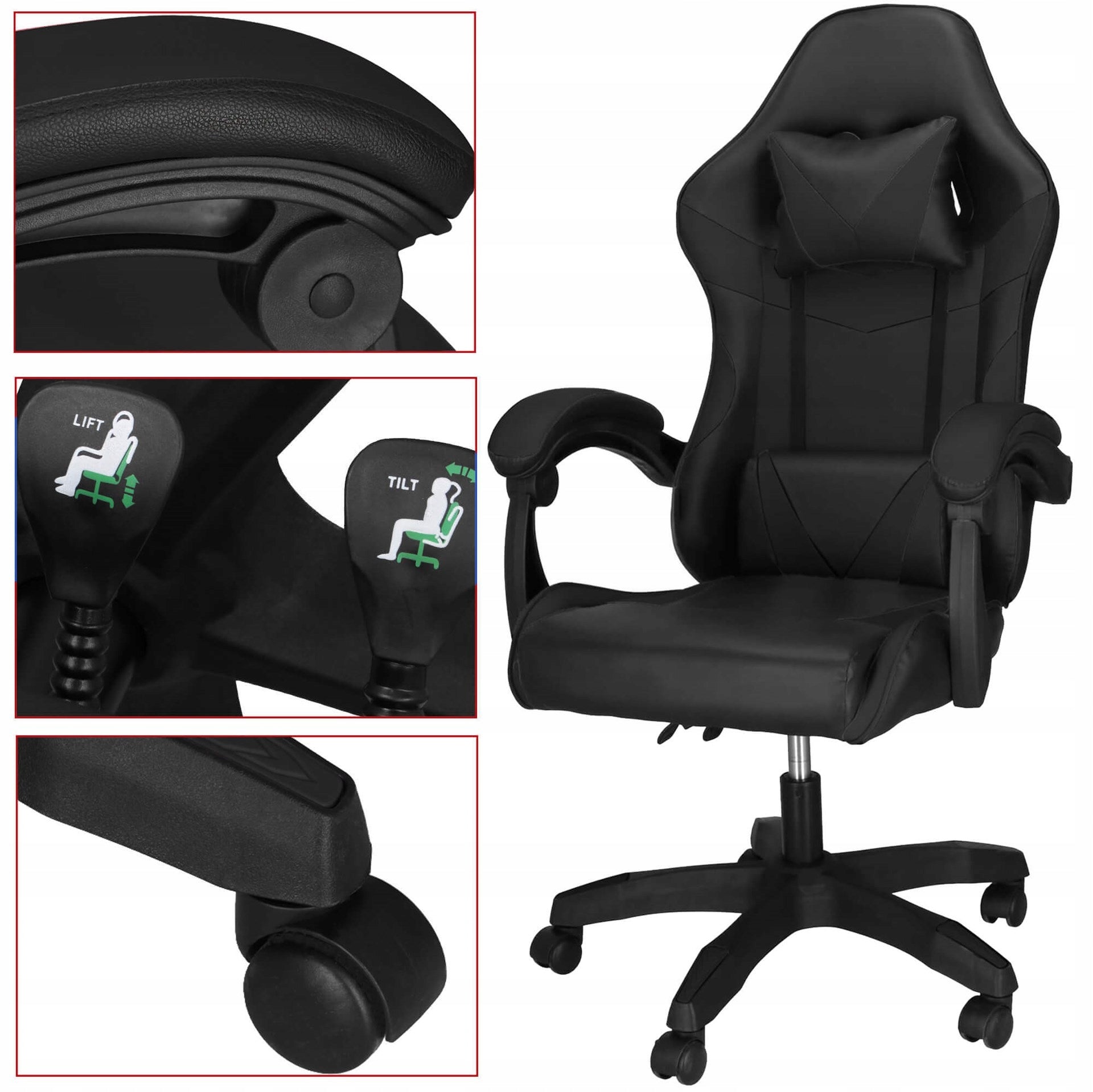 OFFICE GAMING CHAIR SWIVEL ERGONOMIC FAUX LEATHER CUSHION ADJUSTMENT Furniture depth 50 cm