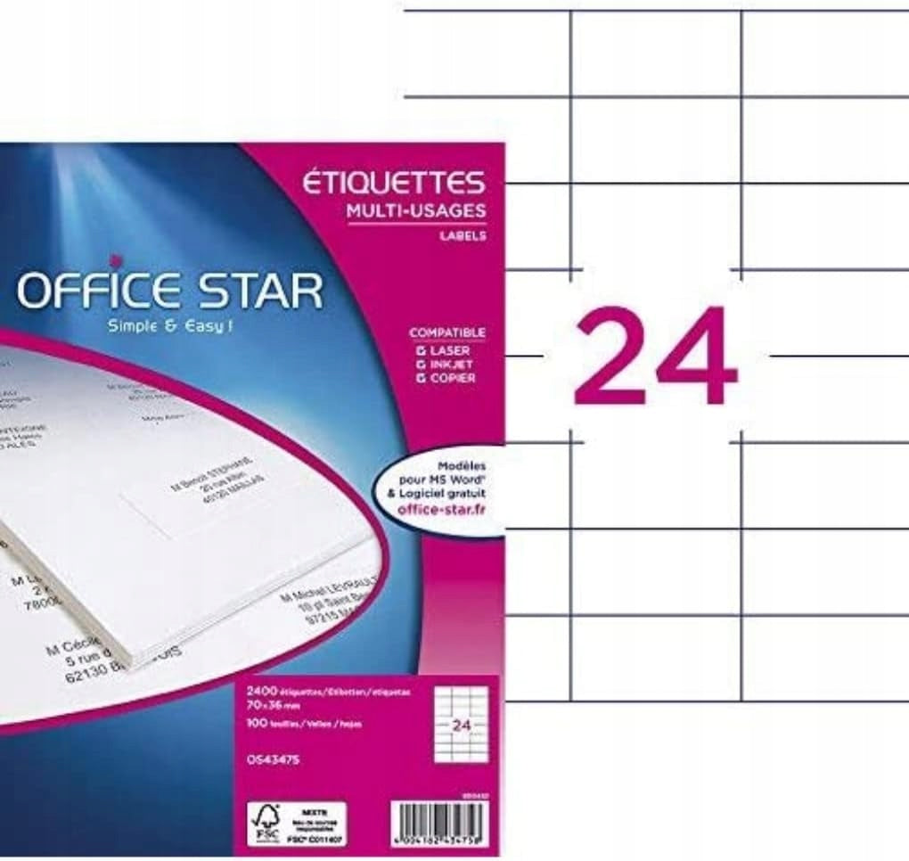 OFFICE STAR 43475 SELF-ADHESIVE LABELS 70X36MM 100 SHEETS 2400 LABELS Manufacturer code 4654564654611561