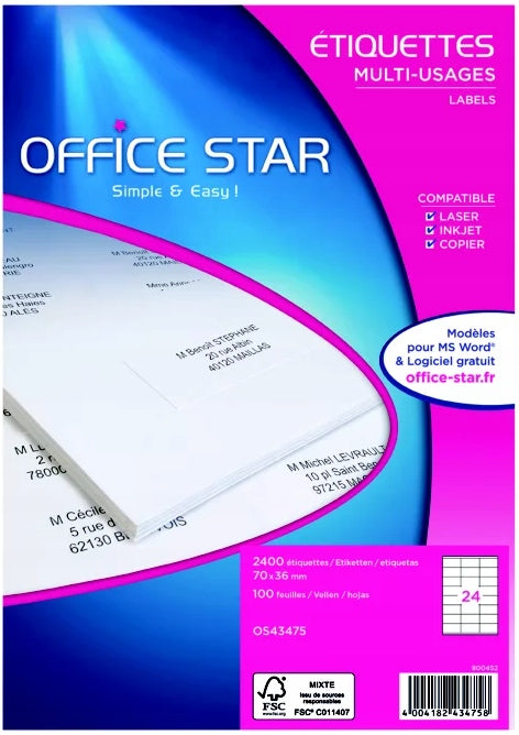 OFFICE STAR 43475 SELF-ADHESIVE LABELS 70X36MM 100 SHEETS 2400 LABELS